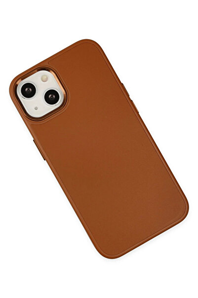 POYRAZ MARKET حافظة نيو فيس لهاتف ايفون 14 بلس من السيليكون والجلد الآسيوي - بني