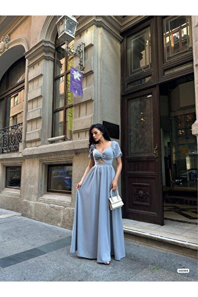 Modafeminen Gray Knot Detailed Long Evening Dress 583008