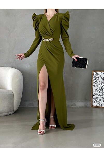 Modafeminen Pistachio Green Stretch Fabric Deep Slit Long Sleeve Evening Dres...