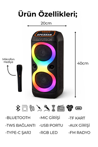 SEYUTECH Bluetooth Hoparlör RGB Led Işıklı Karaoke Mikrofon Hediyeli Taşınabilir Parti Speaker