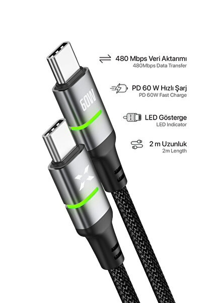 Xenon Smart Type C Hızlı Şarj Kablosu | Type-C to Type-C, 60W, 480 Mpbs, 2m, PD, Örgü, Led Göstergeli (X6422)