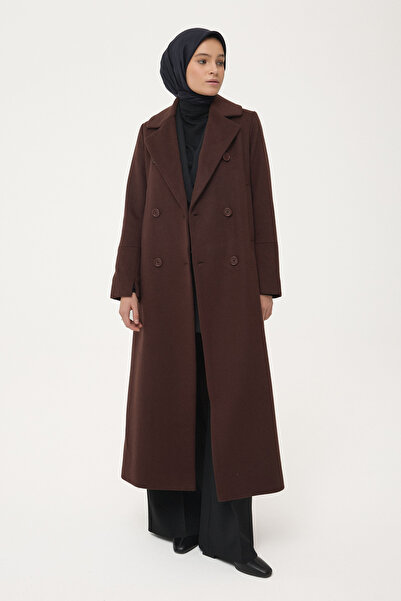 Tuğba Yün Karışımlı Kruvaze Kapamalı Manto - Kahve