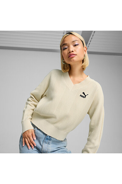 Puma Womens T7 Knitted V-Neck Crew Pullover - Beige
