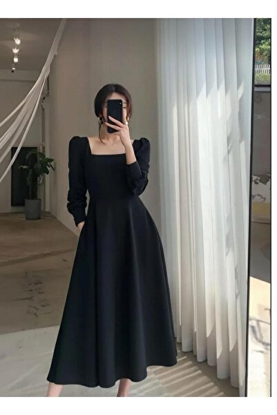 Modafeminen Square Neck Long Sleeve Midi Klos Dress 581932 Black