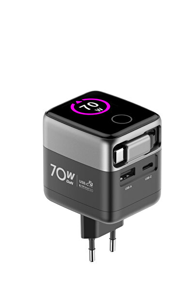 Xenon Smart Hızlı Şarj Adaptörü | 70W, GaN, USB-C & USB-A, Dahili Type-C Kabl...