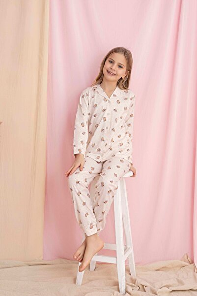 Tarık Girl's Beige Mole Pattern Front Buttoned Long Sleeve Knitted Combed Cot...