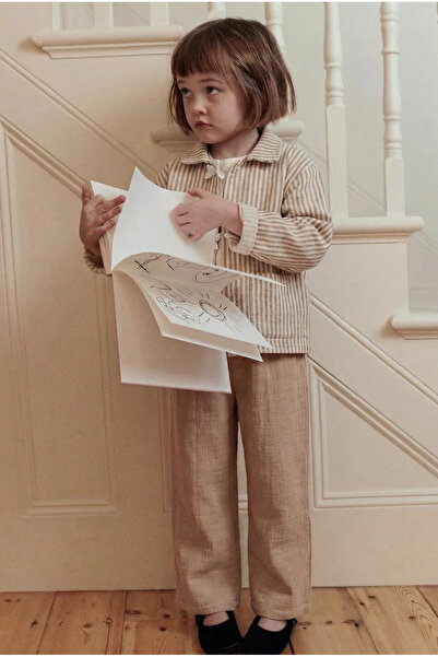 Magu Girl's Cotton Beige Striped Jacket 3 Piece Set