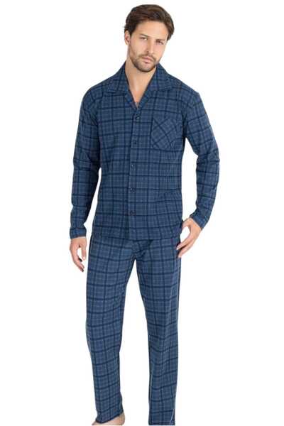 Erse Front Buttoned Long Sleeve Thermal Pajama Set Checkered