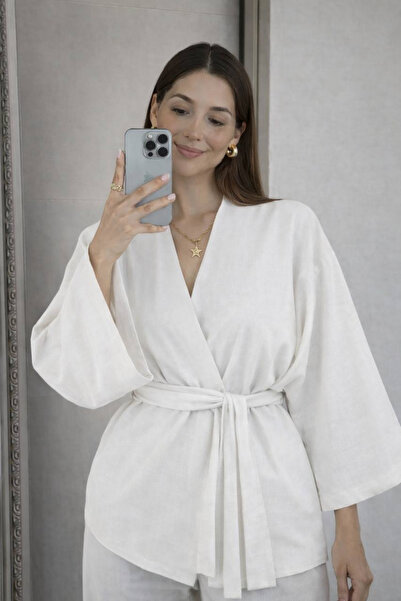 DELBİN Women's Linen Belted Kimono