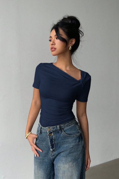 Tarz Cool Women's Navy Blue Cross Collar Short Sleeve Slim Fit Blouse