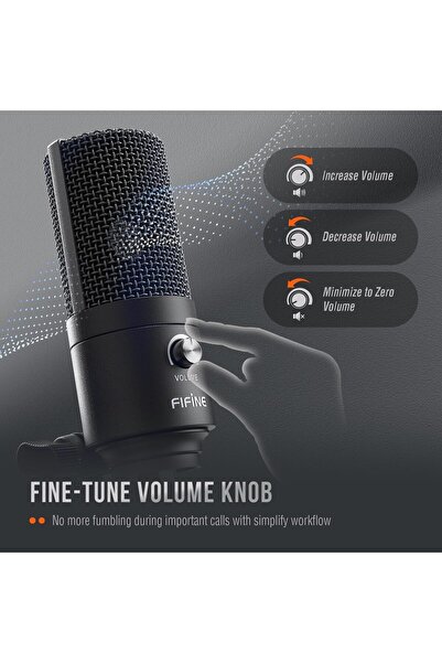 Fifine USB PC Microphone, Computer Recording Condenser Microphone for Vocal Voice-Over Podcast, Studio Desktop Metal Mic with Gain Knob, Compatible with Mac Windows Zoom, Black Studio Mic-K669B