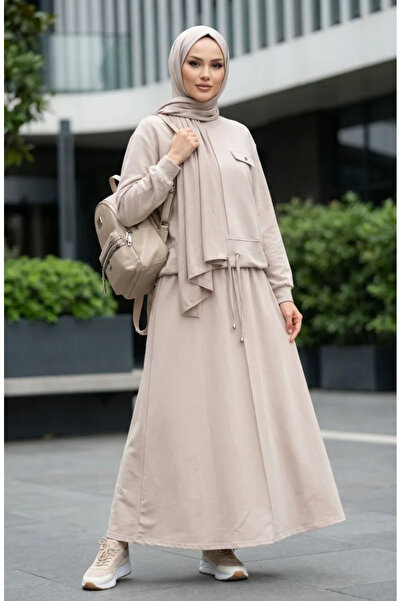 sefamerve Set dublu Hijab din bumbac cu buzunare 0238-02 Bej