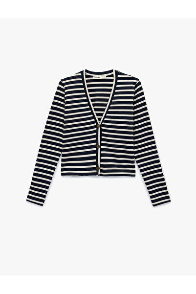 Koton Cotton Long Sleeve Buttoned V-Neck Striped Cardigan
