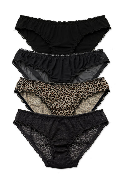 HNX Women's Slip Panties Set of 4 – Lace, Tulle and Leopard Patterned