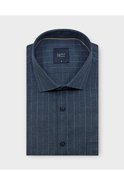 KAMER Regular Fit Long Sleeve Classic Collar Single Pocket Plaid Dark Blue Sh...