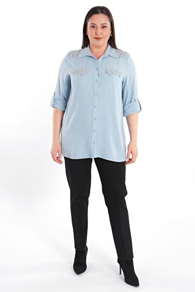 Metpoint Trend42Plus Large Size Stone Printed Blue Woven Shirt