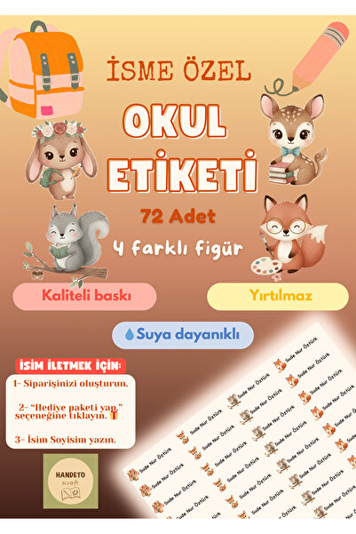 Handeto Kraft 72 Adet Tatlı Hayvan Temalı Kişiye Özel Okul Etiketi İsim Yazıl...