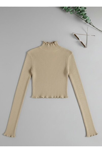 Paraf style Women's White Ribbed High Neck Crop Knit Blouse