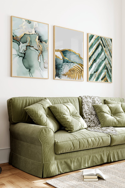 kutuTR Ahşap Çerçeveli 2D UV Baskı 3'lü Tablo set–Zümrüt Yeşili ve Altın Vara...
