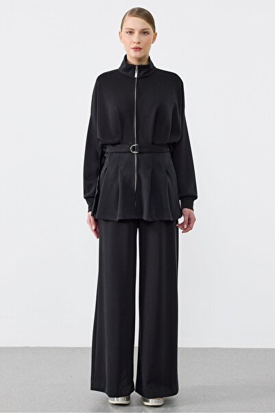 Tığ Triko Pile Detaylı Pantolonlu İkili Takım SİYAH