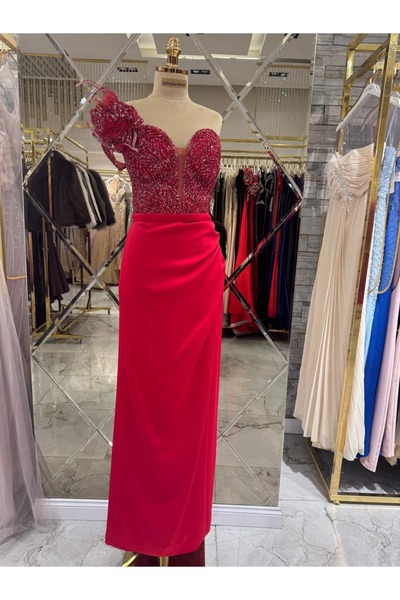 Hanımefendi Giyim One-Shoulder Floral Detailed Red Sparkling Evening Dress