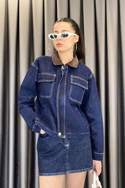 Noa&Noa سترة نوا نوا من الدنيم بياقة مخملية - أزرق داكن