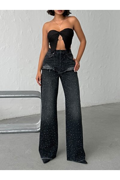 ADAMODA.RO Wide-leg jeans with rhinestone appliqués