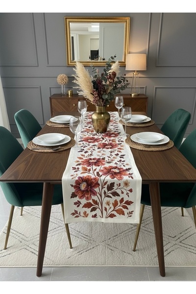 MİNOZA Digital Printed Cream Background Coffee Floral Decorative Table Runner