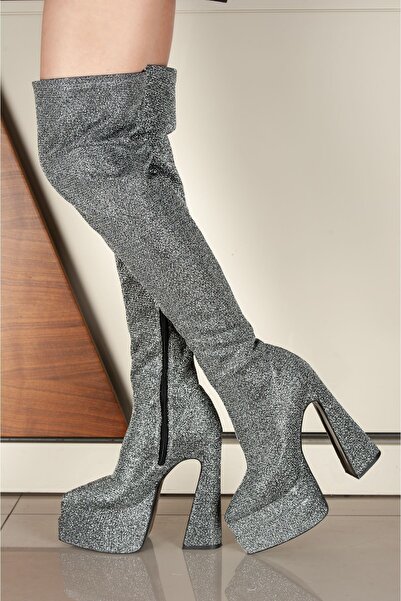 Tarz Topuklar Brewery Gray Glitter Double Platform Design Women's Boots High ...