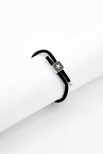 Nautica Men Braided Leather Star Bar Bracelet, Black