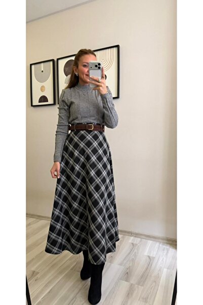 İNVİSUS Plaid Patterned Suede Belted Long Skirt