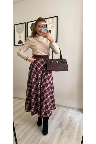 İNVİSUS Plaid Patterned Suede Belted Long Skirt