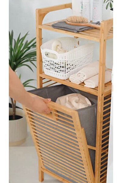 Myplas 2 Katlı Bambu Ahşap Çamaşır Sepeti Kirli Sepeti Banyo Düzenleyici
