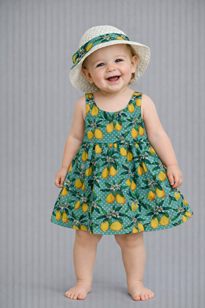 Chicsy Baby Tatlı Kız Bebek Limon Desenli Yazlık Elbise Şapkalı Kolsuz Pamukl...