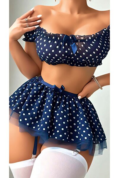 NUİTAMORE Puantiye Desenli Tül Detaylı Jartiyerli Kadın İç Giyim Takımı – Lac...