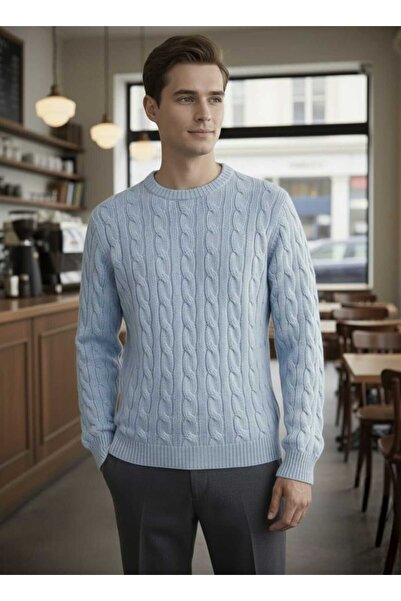 AQE FASHION Men's Knitwear Sweater Baby Blue Crew Neck Long Sleeve Hair Braid...