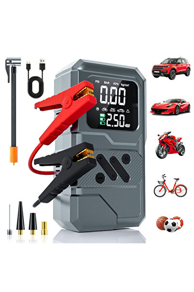 MATECHNO Şarjlı Taşınabilir Araç Akü Şarj Takviyeli Işıklı Hava Kompresörü Po...