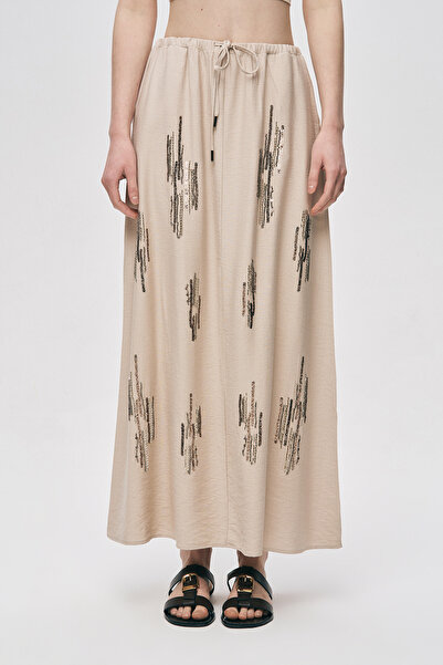 Orfeo Negro Women's Glow Sequin and Bead Embroidered Waist Tie Maxi Skirt