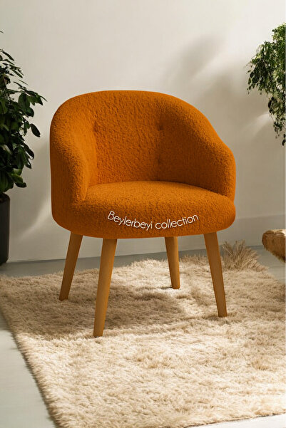 BEYLERBEYİ Gürgen ahşap ayak, sırtlı mini berjer turuncu renkli peluş kumaş, ...