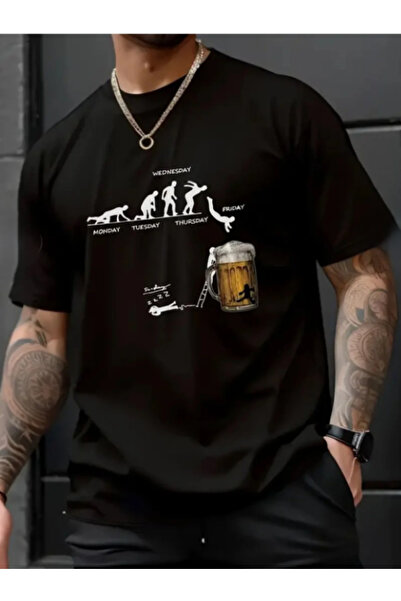 ALCİNOUS Unisex Oversize Printed Cotton Crew Neck Short Sleeve Black T-Shirt