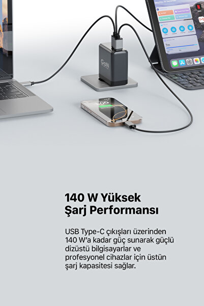 Xenon Smart Hızlı Şarj Adaptörü | 140W GaN, 2x USB-C & USB-A Çıkışı, PD PPS, Dijital Ekran (X6415)