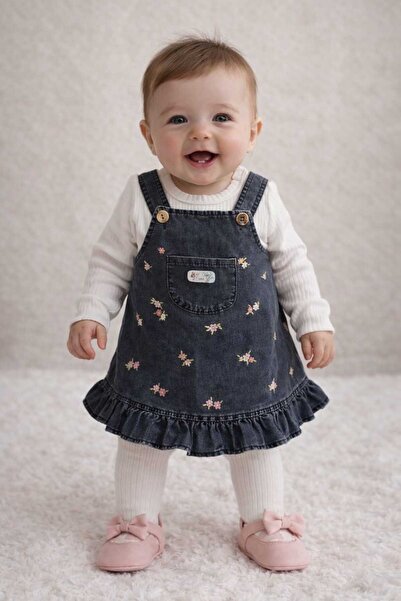 bubiee baby Kız Bebek Çiçek Nakışlı Denim Jile Elbise - Antrasit Kot Elbise