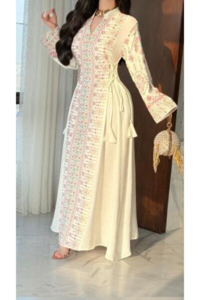 WAREEF FASHION Off-white jalabiya with pink heritage embroidery and elegant g...