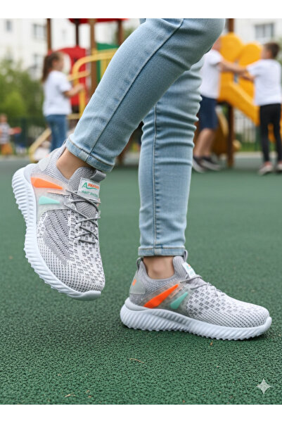 VELLINA Çocuk Unisex Gri Turuncu Yesil Günlük Lastikli Triko Sneaker Spor Aya...