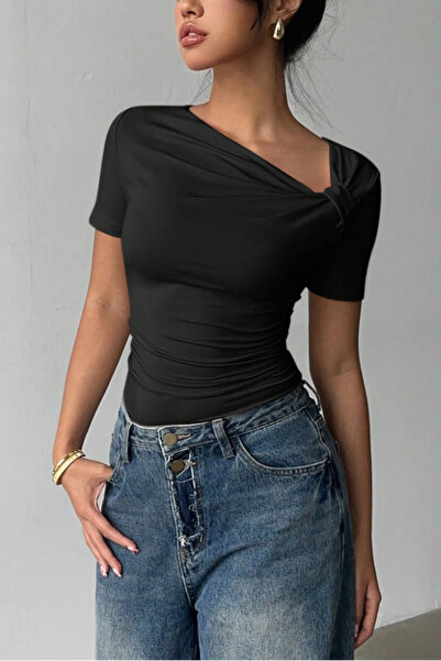 Tarz Cool Women's Black Cross Collar Short Sleeve Slim Fit Blouse