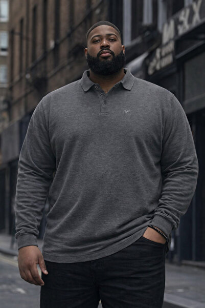 Maccali Men's Plus Size Basic Polo Smoked Long Sleeve T-Shirt