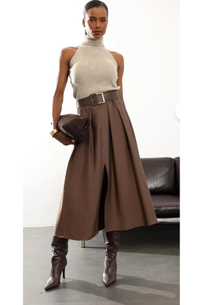 Somut istanbul Women's Belted Midi Length Pleated Skirt with Slits - Brown