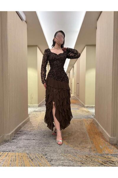 Genenic فستان انيق بلون بني