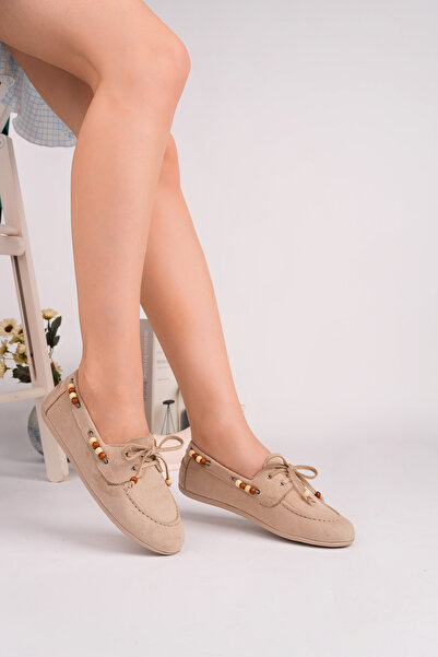 ROSETTE Kadın BEJ Dana Süet Boncuk Detaylı Loafer Günlük Kullanım Ayakkabı