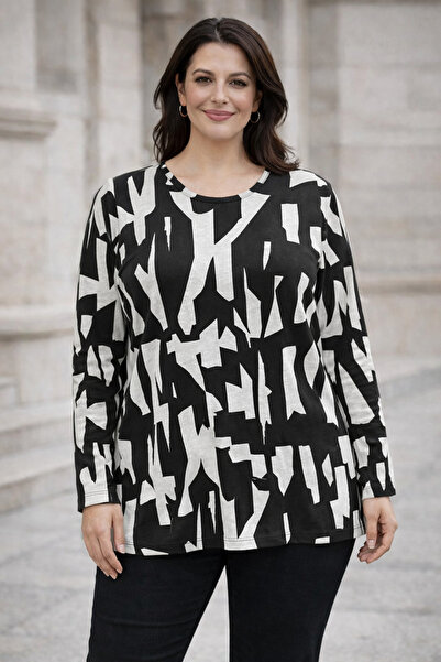 bezeXL Plus Size Knitted Geometric Pattern Blouse Black